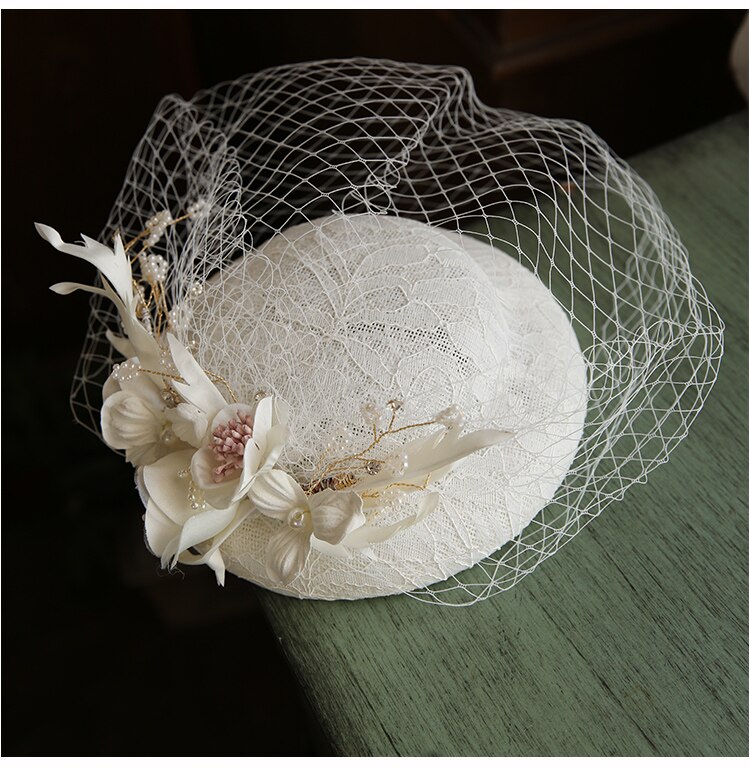 Chapeau de mariage pour femme, en lin Beige, Vintage, fait à la main, voile de visage avec peigne
