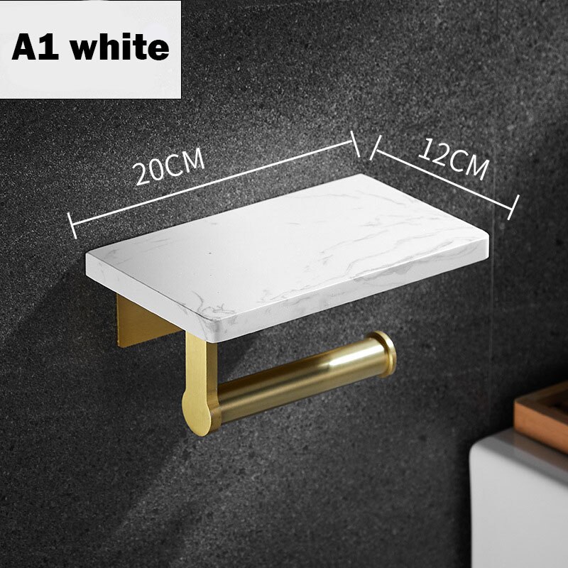 Porte-rouleau de papier essuie-tout en marbre doré, support mural de luxe pour téléphone portable, étagère de salle de bains, porte-papier toilette: White A1