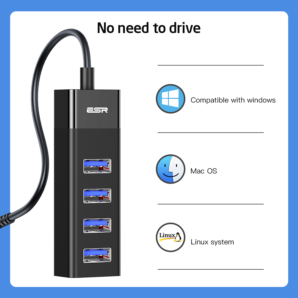 ESR USB HUB Adapter USB 3.0 Dock Fast Transfer Splitter 4 Ports 4-In-1 USB Extention Data Transfer for PC MacBook