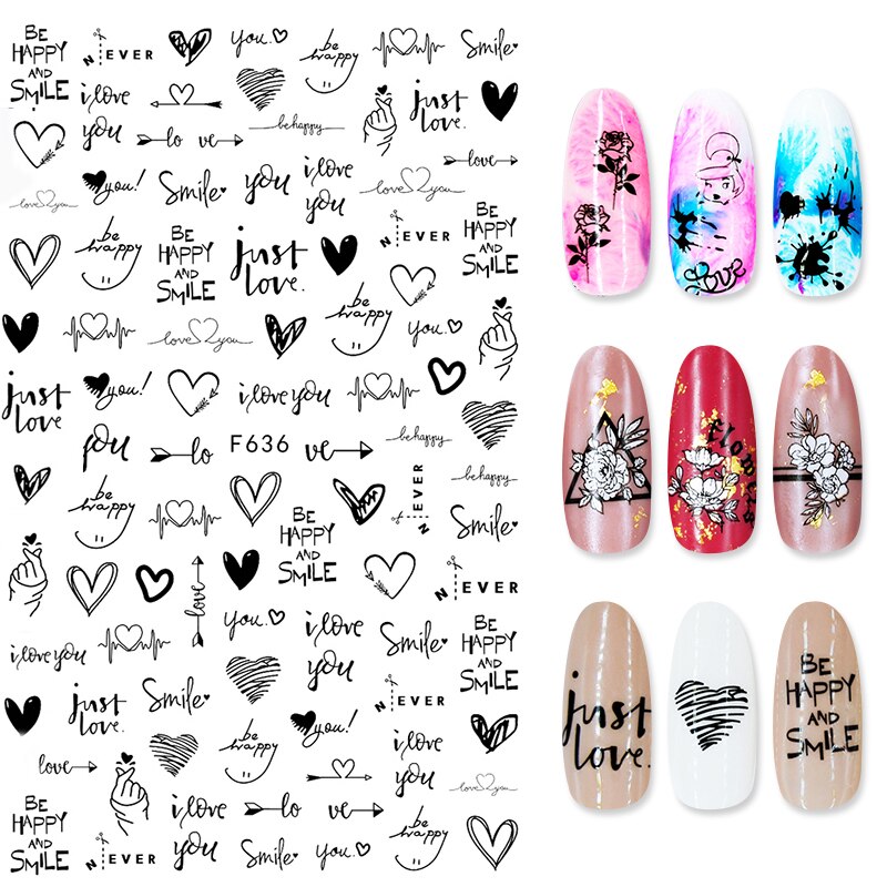 1 Vel Nagel Stickers Zwart Diverse Patroon Nail Decals Bloem Transfer Sticker Nail Art Diy 3D Decoratie Nail Art