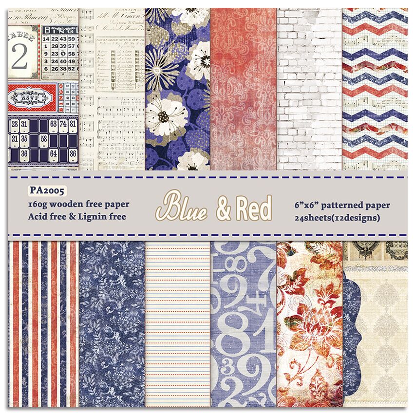 Paquet de 24 feuilles de papier pour Scrapbooking, bleu et rouge, papier artisanal fait à la main, tampon de fond artisanal