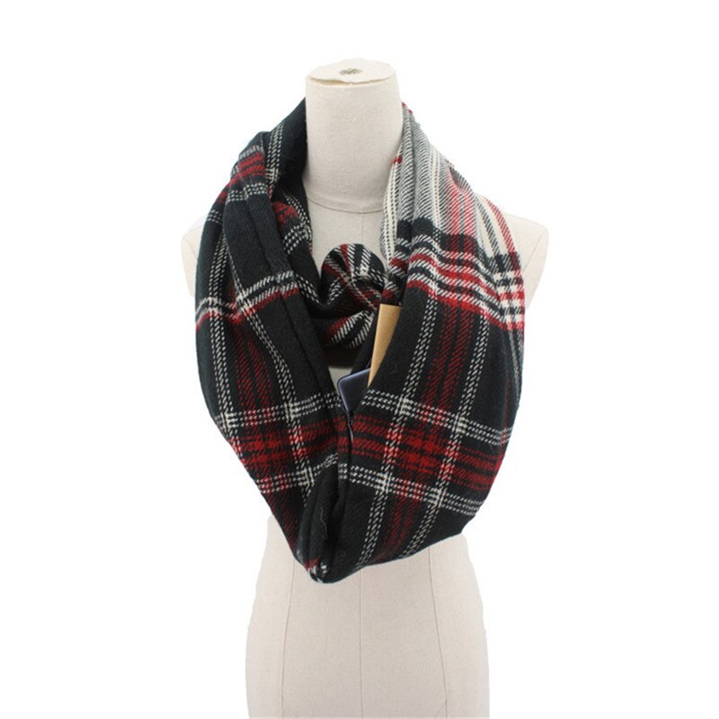 foulard à carreaux en sergé avec poche Convertible voyage foulard de tête pour femme châle caché poche à glissière infini voyage hiver écharpes: 2