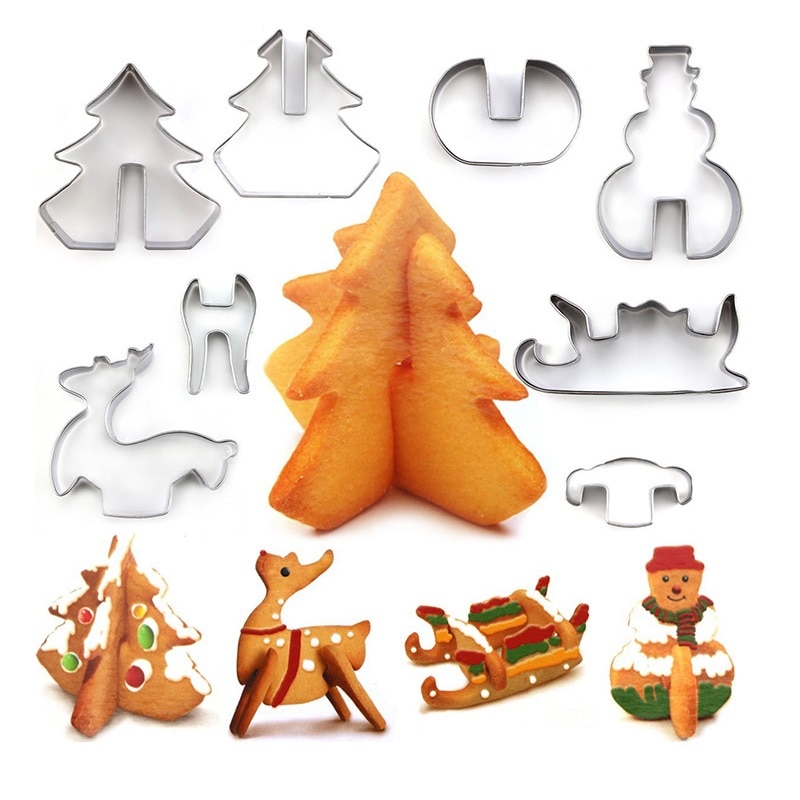 Rvs Cookie Cutter Mold 3D Kerst Scenario Cookie Biscuit Cutter Set Kerstboom Elanden Slee Sneeuwpop Model 8 Stuks