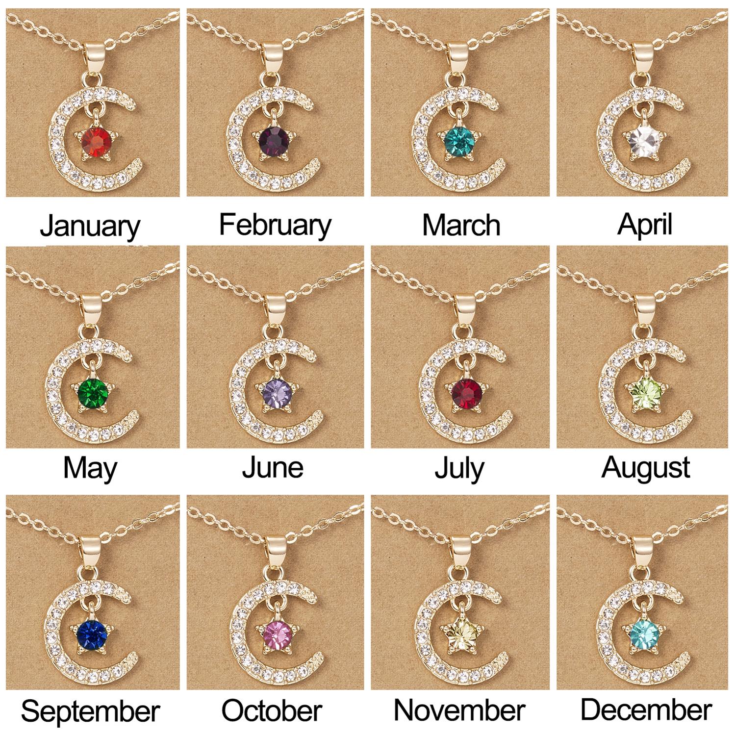 Romantische geburtstags-halskette mit farbenfrohem zirkonia-mond- und sternanhänger für damen (12 monate) – schlüsselbeinschmuck
