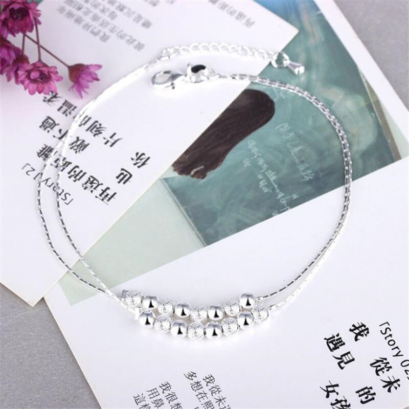 Kofsac Trendy Dubbele Laag Kralen Enkels Ketting Armband Barefoot Sandal Beach Voet Sieraden 925 Sterling Zilveren Enkelbanden Voor Vrouwen