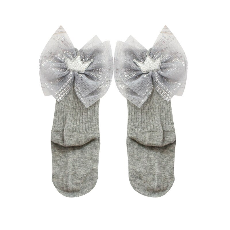 groß Bowknot Baby Socken Prinzessin Krone freundlicher Mädchen Kurze Socken Pailletten Frühling Herbst Baumwolle freundlicher Kleinkind Socken: grau