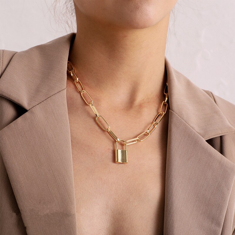 Collar con cadena en capas y candado para Mujer, gargantilla de candado con cierre, joyería Punk