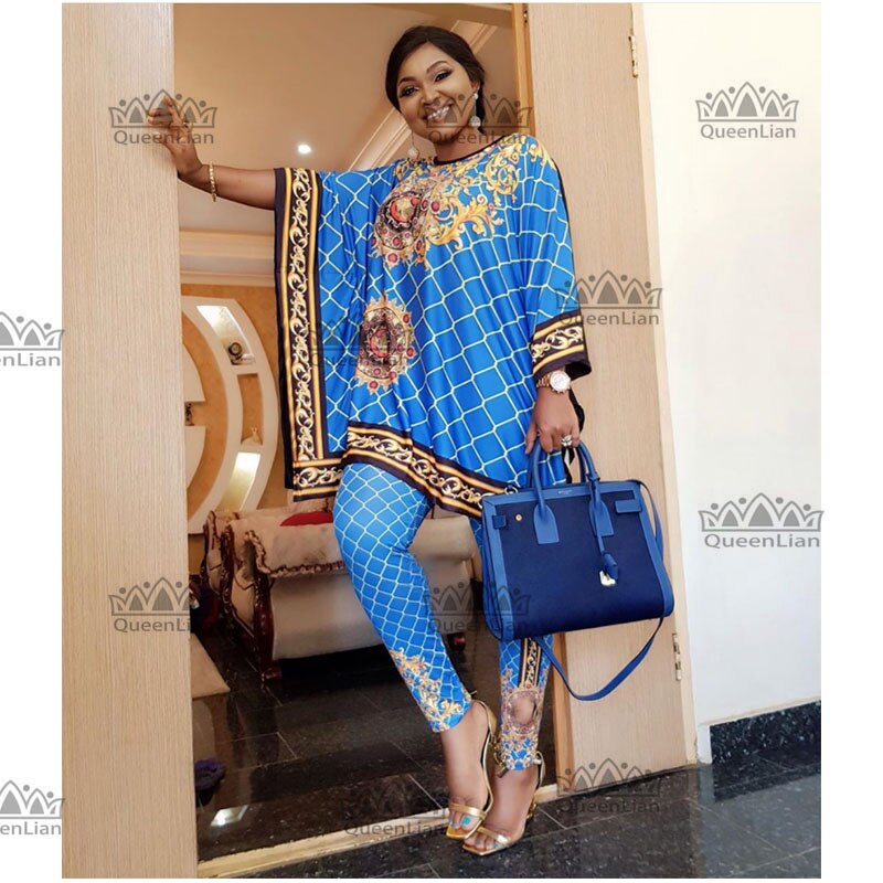 2 Piece Set Africa Clothes African Dashiki Dashiki Suit (Top And Trousers) Super Elastic Party Plus Size For Lady: blue / XXXL