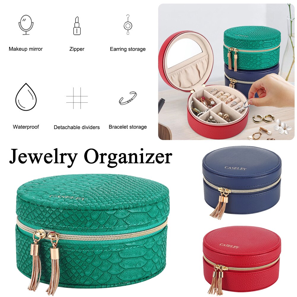 Sieraden Organizer Box Voor Oorbellen/Ketting/Ringen/Armband Draagbare Pu Leer Sieraden Geval Met Ritsen Spiegel, groen/Rood/Blauw