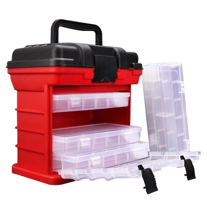 4 Layer PP+ABS Sea Fishing Tackle Box with Plastic Handle Storage Fishing Lures Tools Accessories for Outdoor Fishing: Red