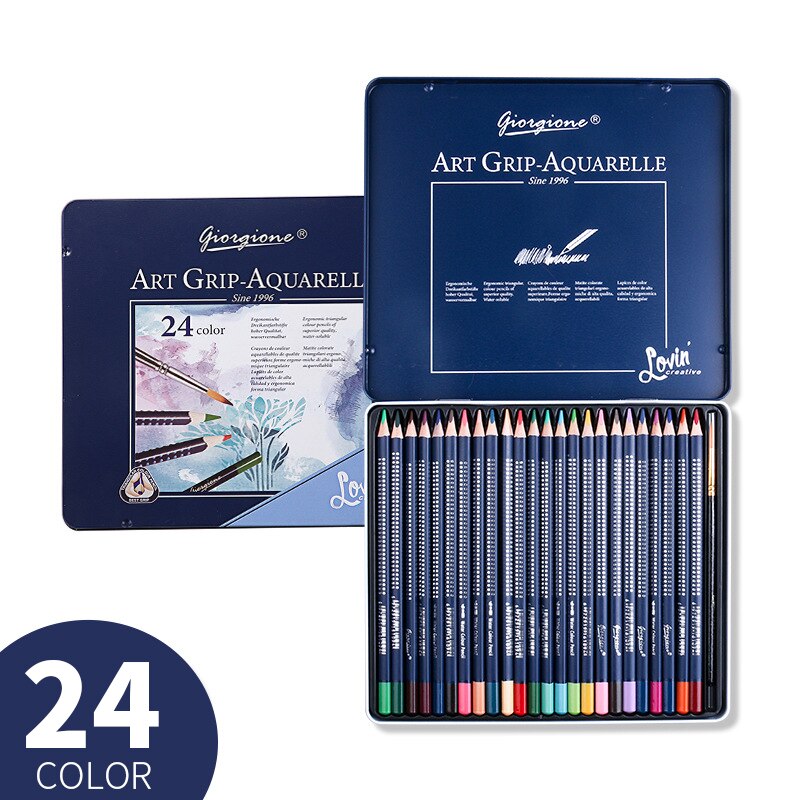GIORGIONE 72 Color Water Soluble Colored Pencil Set Wooden Triangle Pen Body Thick Lead Artist Drawing Watercolor Paint Supplies: 24 Colors