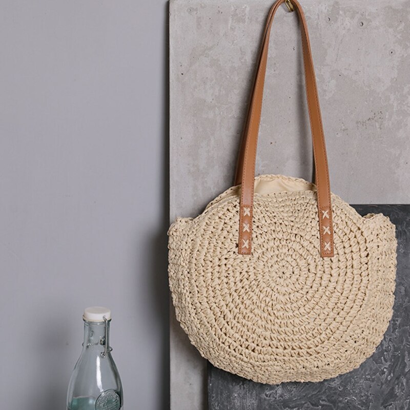 Round Straw Beach Bag Vintage Woven Shoulder Bags Rattan Bohemian Summer Vacation Casual Handbag for Women Girls