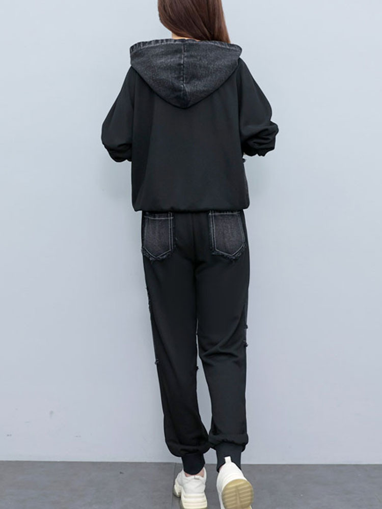 Bedruckte Patchwork Denim oben Freizeit Schlauch einstellen für Damen Frühling Herbst 2023 neuen Stil zweiteilige setzt 4xl