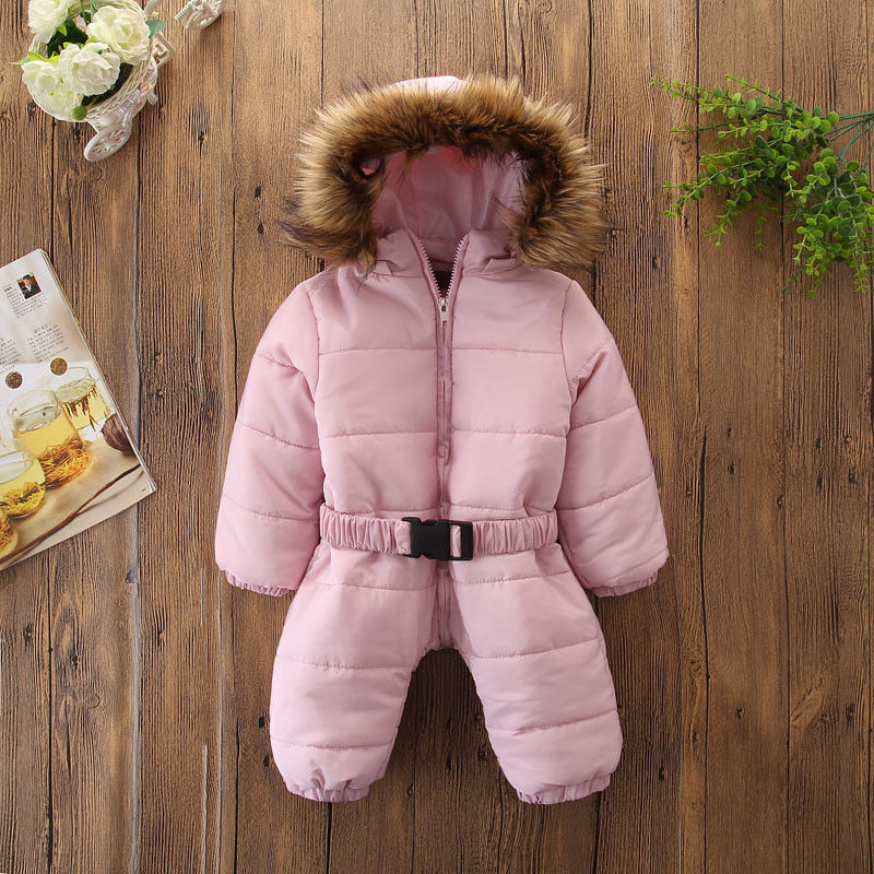 0-3Y Pasgeboren Baby Baby Meisjes Jongens Winter Warm Sneeuw Wear Romper Hooded Bont Roze Rits Elastische Taille Jumpsuits Kleding Uitloper