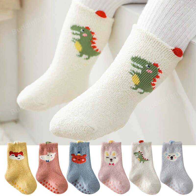 Calcetines de bebé de invierno de goma antideslizante suela calcetines 2/3 par/set dinosaurio conejo zorro Animal patrón de calcetines bebé niño niñas