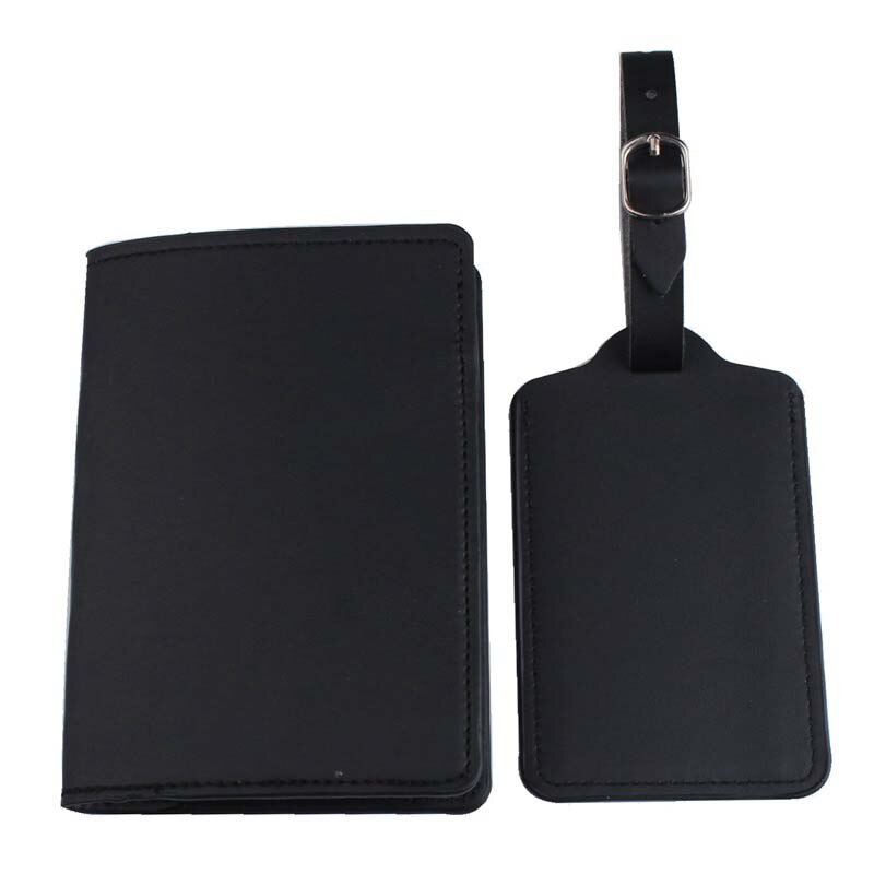 2 pièces/ensemble couverture de passeport noir et blanc étiquette de bagage en cuir PU pour accessoires de voyage étui étiquette porte-passeport: black