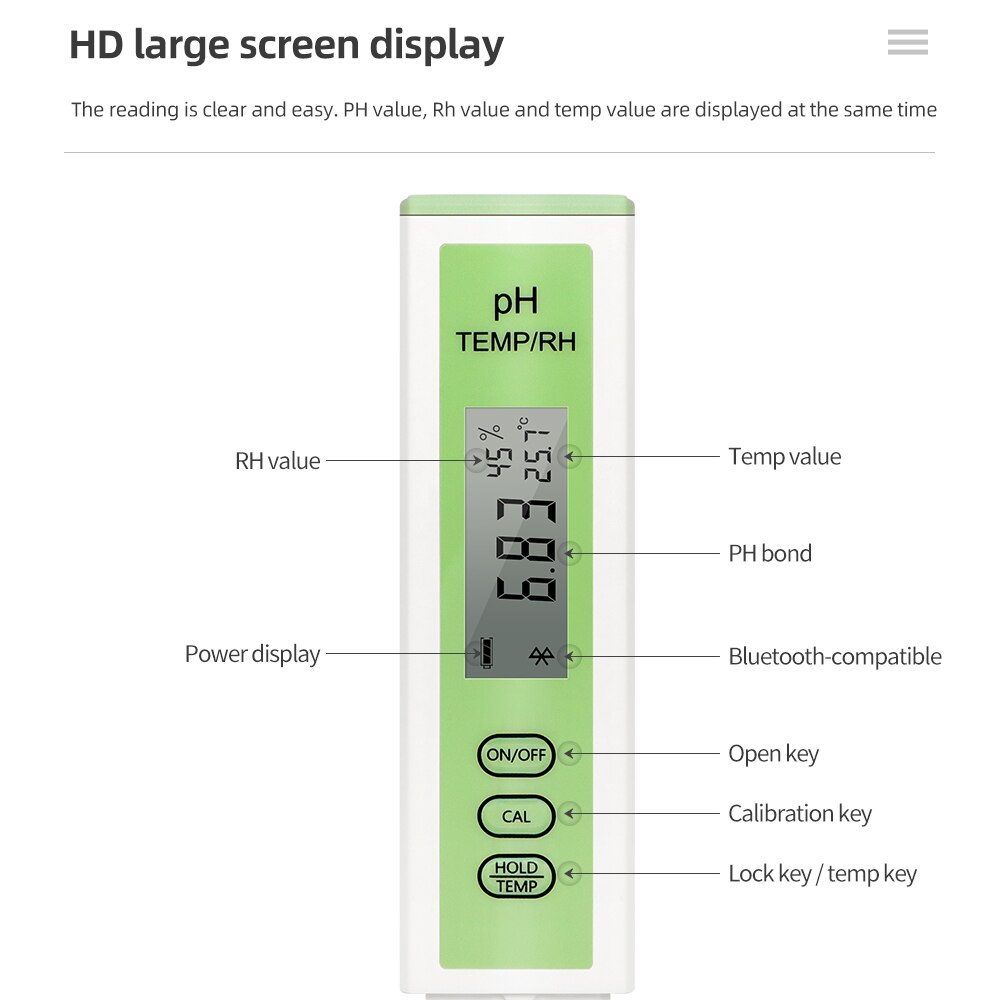 PH RH Meter With Bluetooth-Compatible 0.01pH Digital Water Testing High Precision BT Temp PH Online Monitor Measurement Tool