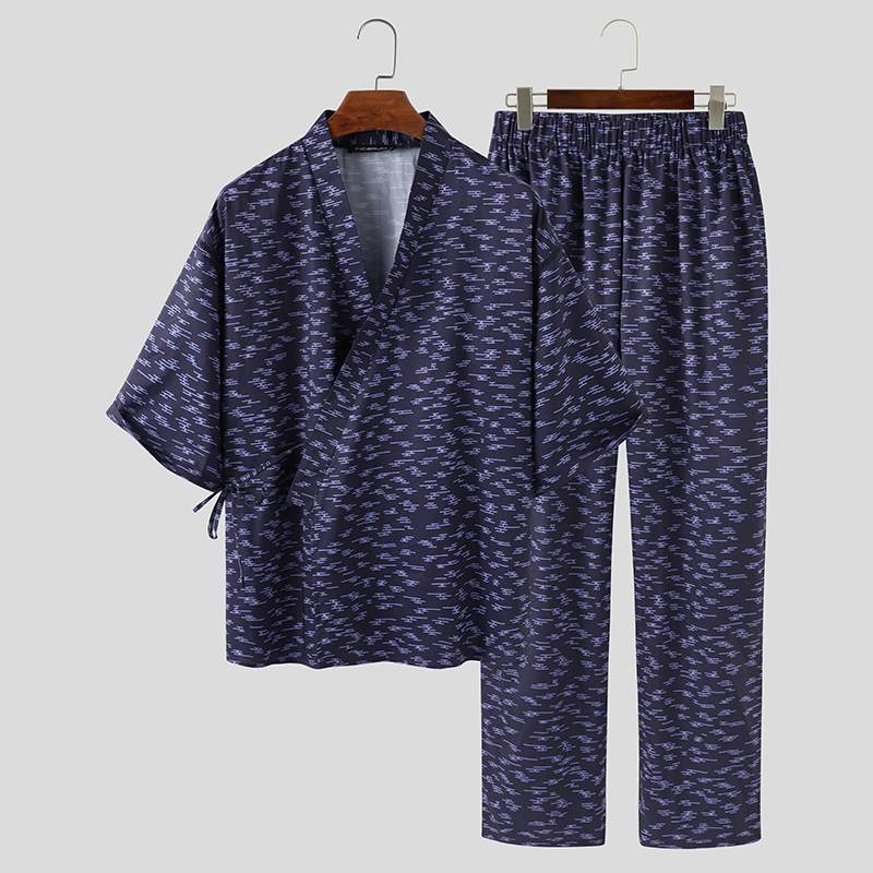 Mode Mannen Toevallige Nachtkleding Suits Mannen Gedrukt Pyjama Set Half Mouw V-hals Homewear Kimono Lange Broek Harajuku Nachtkleding: L