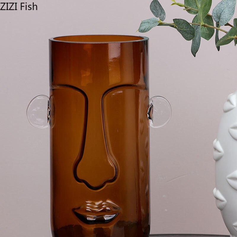 Abstracte vazen voor bloemen in menselijk gezicht, kantoordecoratie, glazen vaas met gradiënt, transparant hydrocultuur bloemeninzetstuk voor thuisdecoratie.
