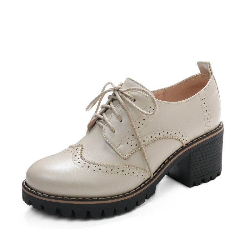 PXELENA britannique Vintage femmes richelieu chaussures gros bloc talons hauts pompes à lacets bureau dame quotidien Oxfords Wingtip Fretwork 43: Apricot / 9.5