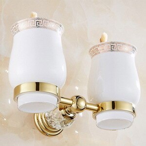 Luxury Crystal Gold Color Bathroom Accessories Set Gold Polished Brass Bath Hardware Set Wall Mounted Bathroom Products banheiro: double cup holder