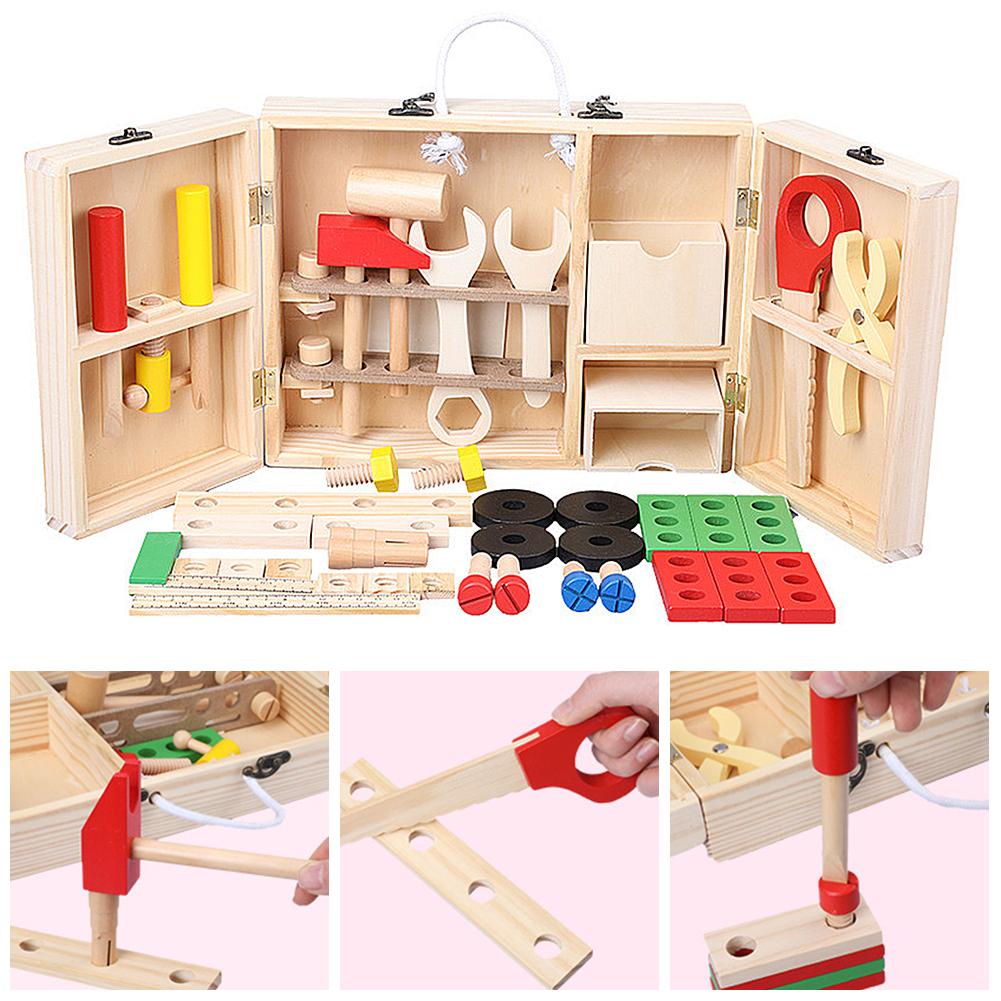 Holz Werkzeugkasten einstellen Holz Werkzeuge Spielzeug Mit Lagerung Kasten vorgeben Spielen Werkzeugkasten Bausatz Bildungs Bau Werkzeuge einstellen Für freundlicher