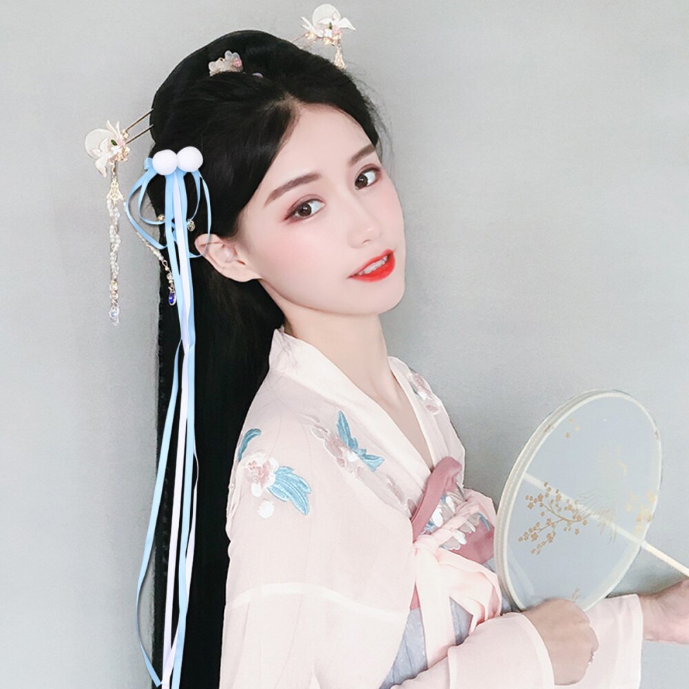 1 paar kinderhaarspeldjes met kwastjes, hanfu-kleding, haarspeldjes met kwastjes en traditionele chinese linten (roze): Hemelsblauw