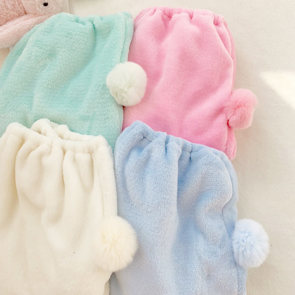 Cute Warm Removable Rabbit Hair Ball Sleep Bottoms Flannel Pajama Shorts Women's Loose Elastic Waist Pajama Pants Loungewear