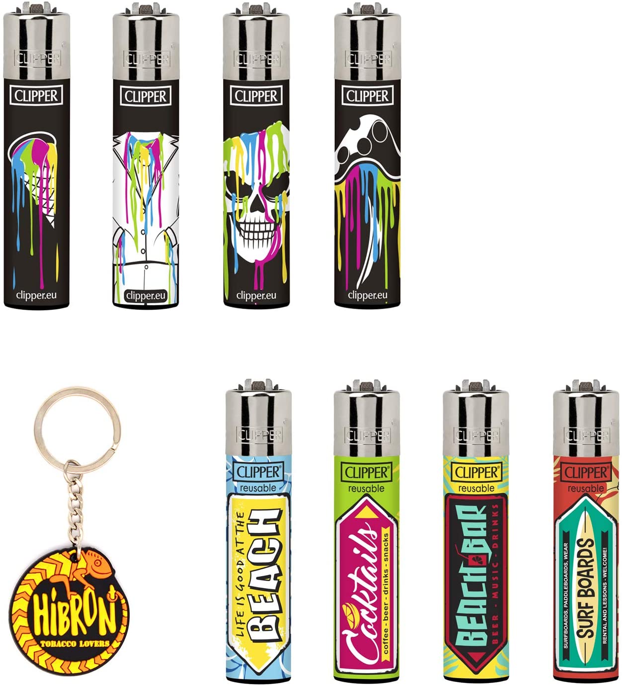 Pack de Clipper 8 Mecheros Encendedores Diversos Surtidos Bonitos + 1 Llavero Camaleón Hibron: 1-10003-93