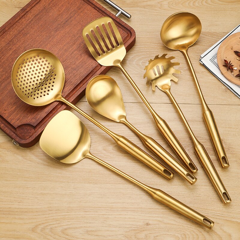 7pcs Golden Set Stainless Steel Spatula Kitchen Cooking Tools Soup Spoon Big Drain Cooking Shovel Colander Spoon Set