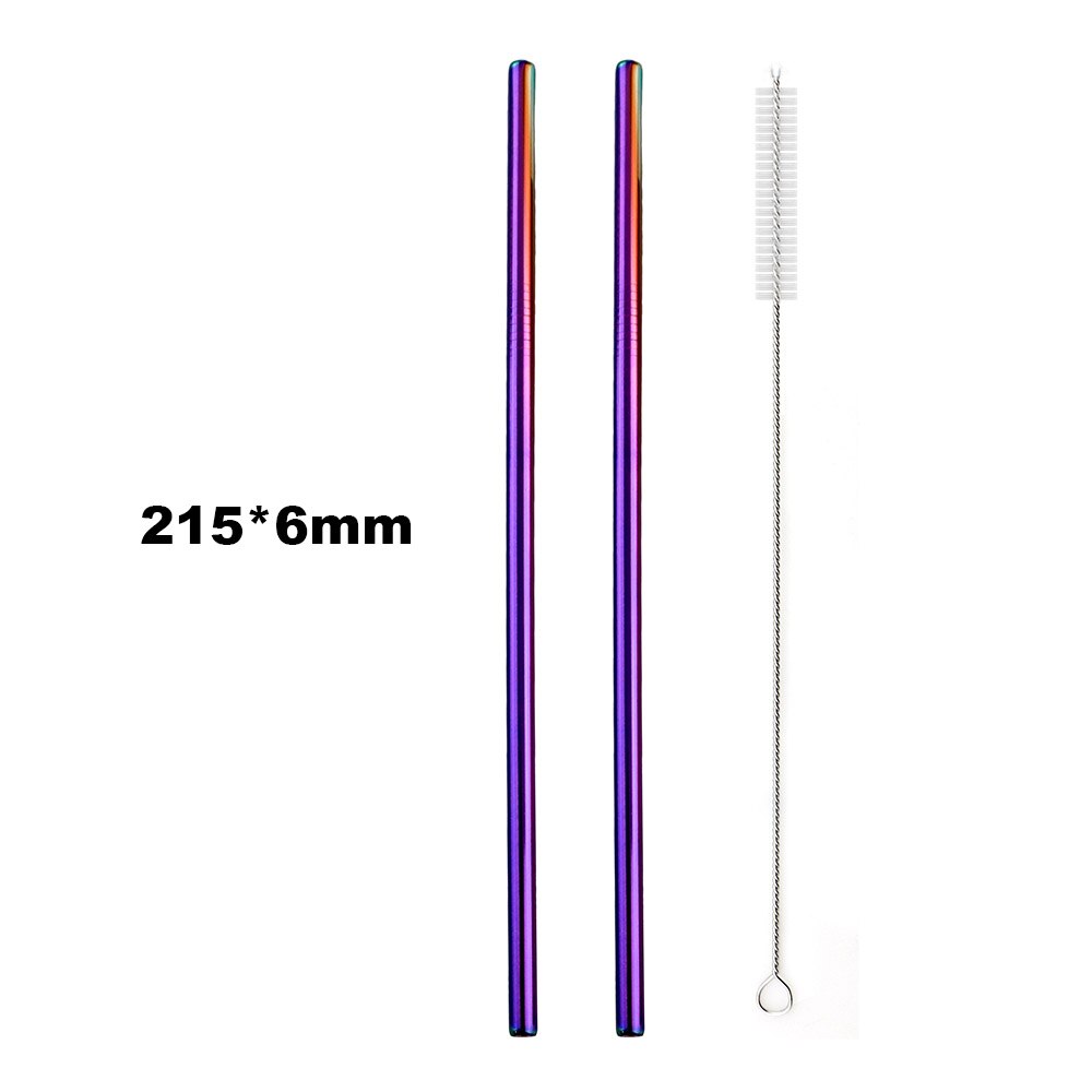 Pajilla de Metal reutilizable para beber, pajilla de Metal de acero inoxidable, paja colorida de arco iris de 16/19/21/23/26cm, diámetro de 6/8/12mm con 1 cepillo, 2 uds.: 215x6 Straight