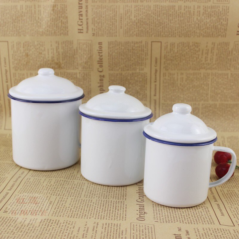 Enamel Tea Cup. Enamel coffee cup. Nostalgic enamel cup. White enamel drinking cup with cover. 5 pieces / 1 package