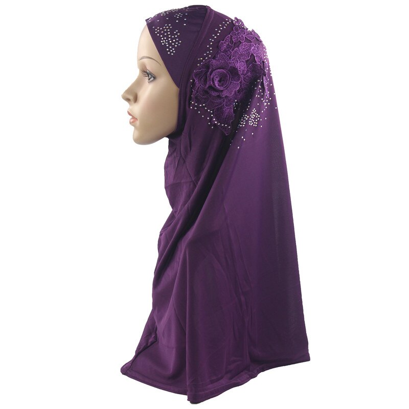 Mulheres muçulmanas meninas hijab lenço islâmico mulher uma peça amira boné cobertura completa headwear com uma beleza flor diamante atacado: Purple