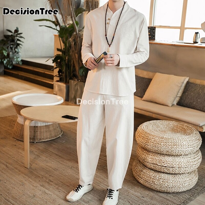 hommes traditionnel chinois ensemble à manches longues coton kungfu mandarin col dragon tang costume Kung Fu ensemble asiatique Taichi Tang costume