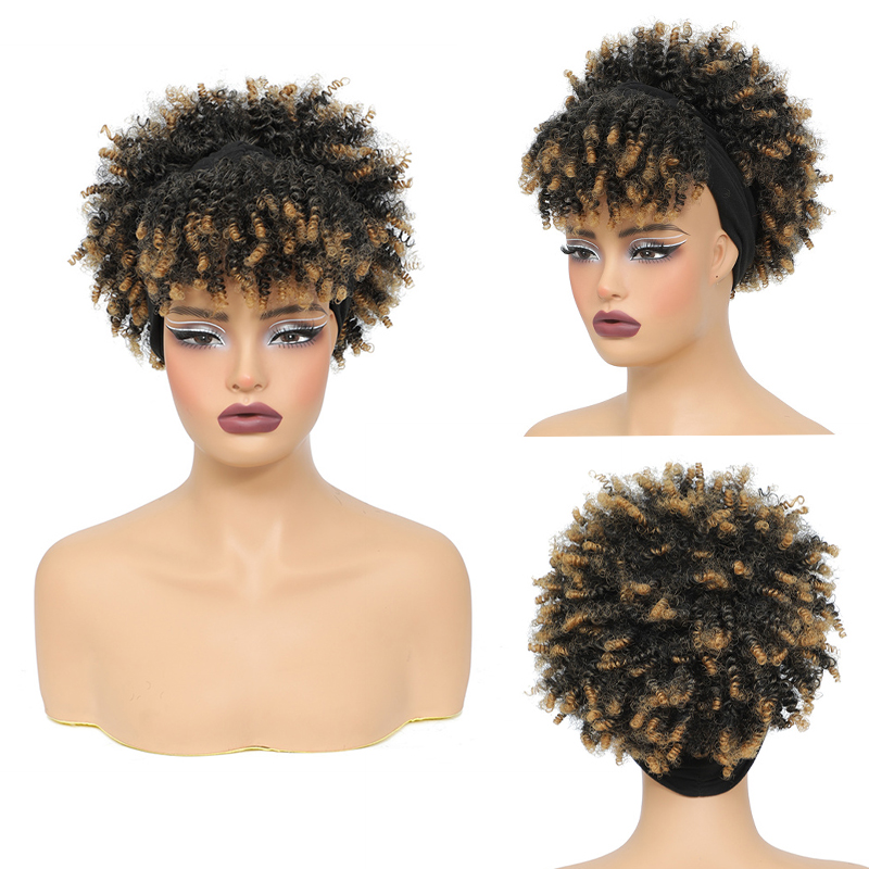 Afro Kinky Curly Headband Wigs Short Fluffy Curly Scarf Wig with Bangs Natural Synthetic Afro Curly Head Band Wig Cosplay: T1B/PURPLE