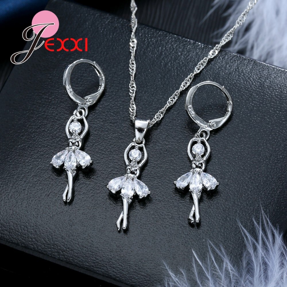 Pendant Necklace Hoop Earrings Sets For Engagment Party Real 925 Sterling Silver Crystal Jewellery