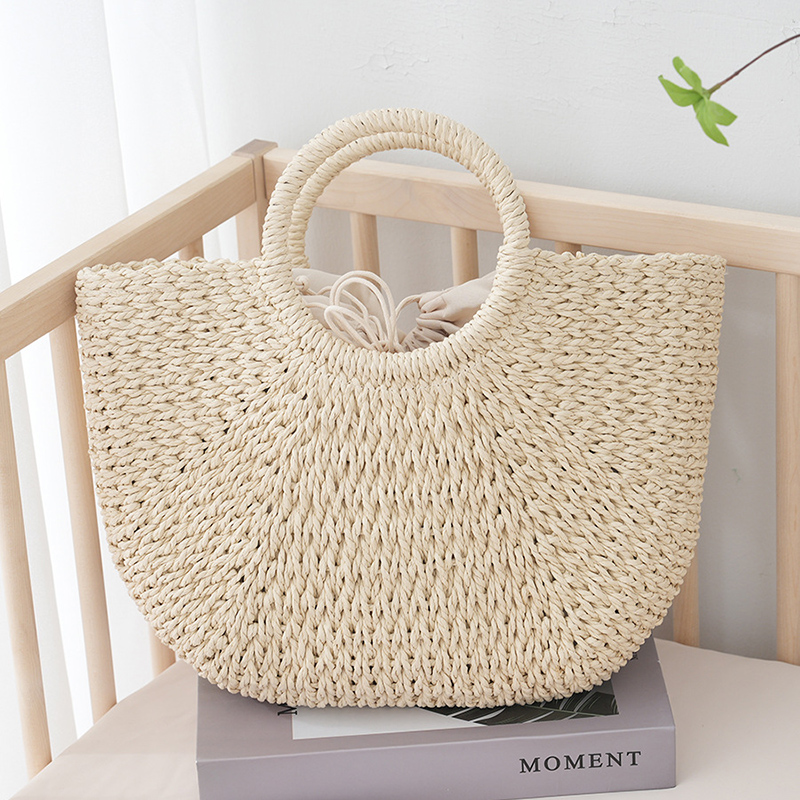 Sac d'été en paille demi-lune pour femmes, sac à main Portable fait à la main, sac de plage de grande capacité, panier tissé à poignée supérieure, fourre-tout: Beige