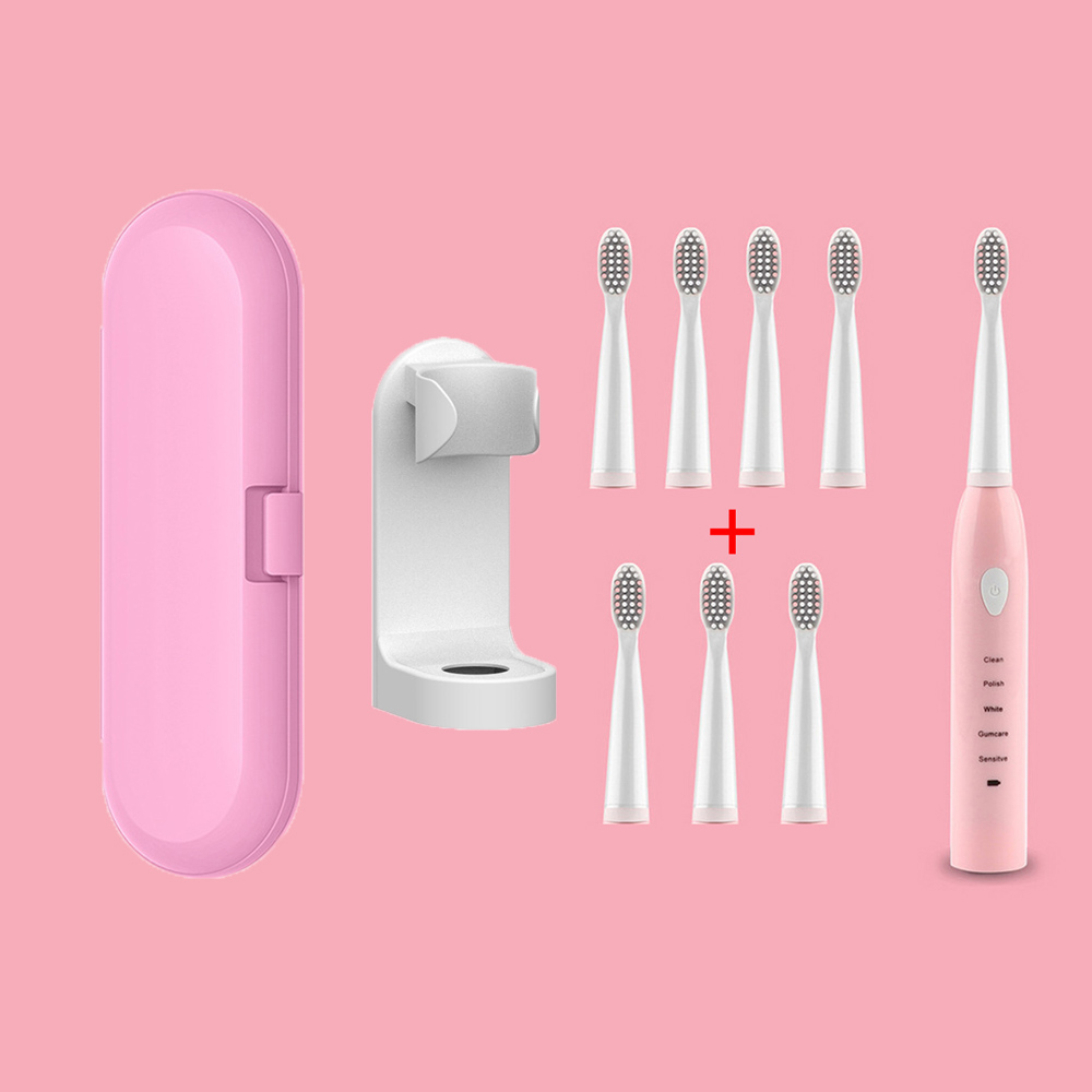 Ultra Schall- Schall- Elektrische Zahnbürste Wiederaufladbare Zahn Pinsel Waschbar Elektronische Bleichen Zähne Pinsel Erwachsene Timer Zahnbürste: Rosa 8 Kopf einstellen