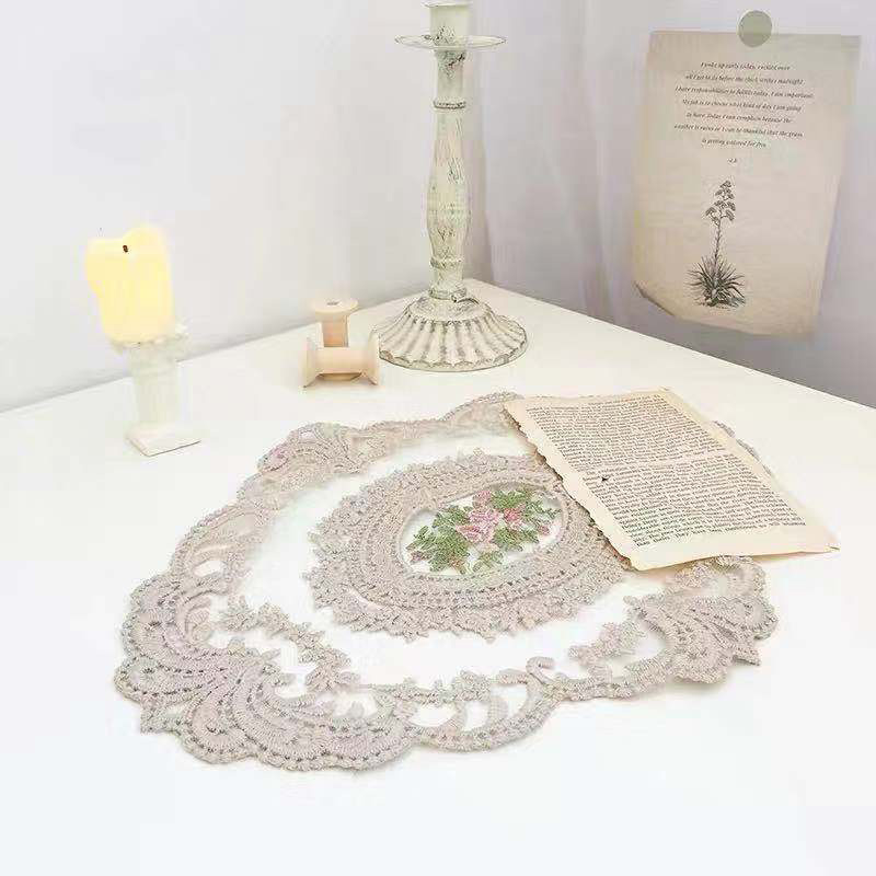 Napperon de Table en dentelle ovale de 37x29CM, napperon blanc brodé, tasse, dessous de verre, serviette de cuisine: camel