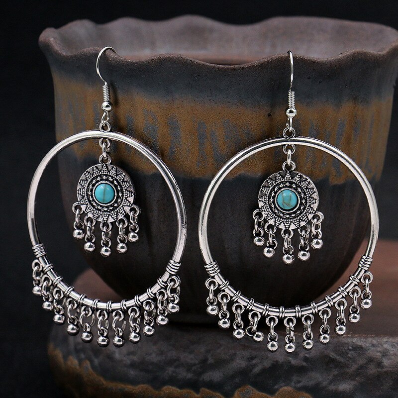 Classic Women&#39;s Gypsy Gold Round Wedding Earrings Tibetan Jewelry Ladies Retro Tassel Indian Jhumka Earrings