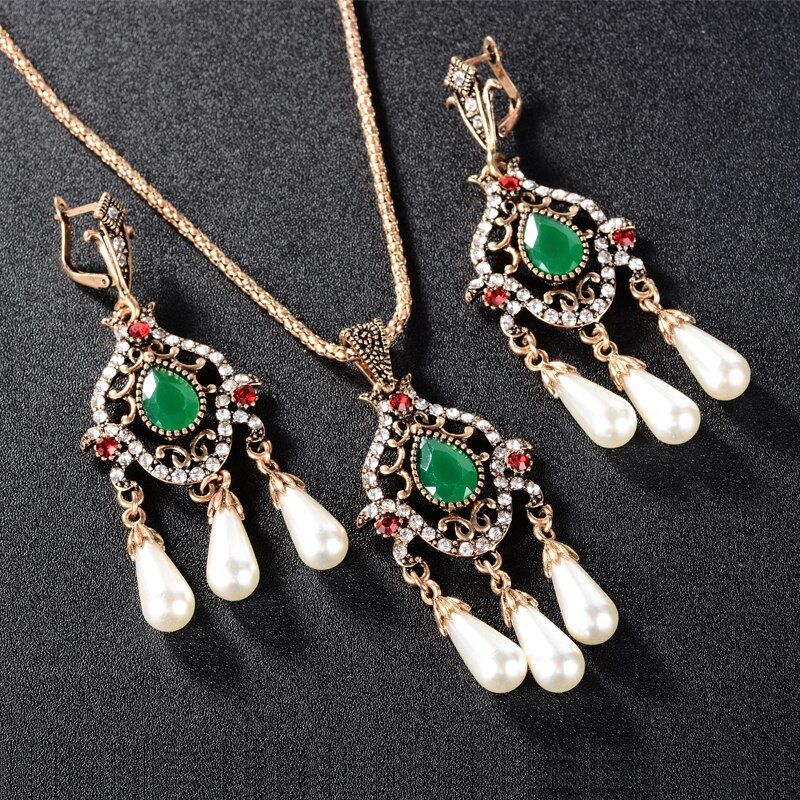 Ensemble collier et boucles d&#39;oreilles pour filles, bijoux turcs mosaïque, vert, rouge, résine, cristal, argent tibétain, pendentifs