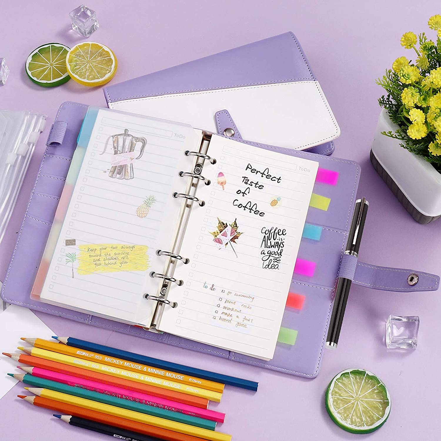 15 Pieces A6 PU Leather Notebook Binder Budget Planner Envelopes System with Zipper Pockets, Binder Dividers,Neon Page Markers