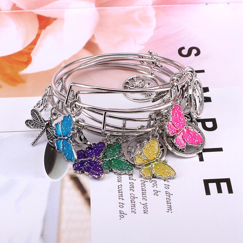 5Pcs Bangle Set Draad Armbanden Voor Vrouwen Meisjes Juwellen Vlinder Dragonfly Boog Bedels Armbanden Manchet Jewlery C044: E36 Platinum Plated