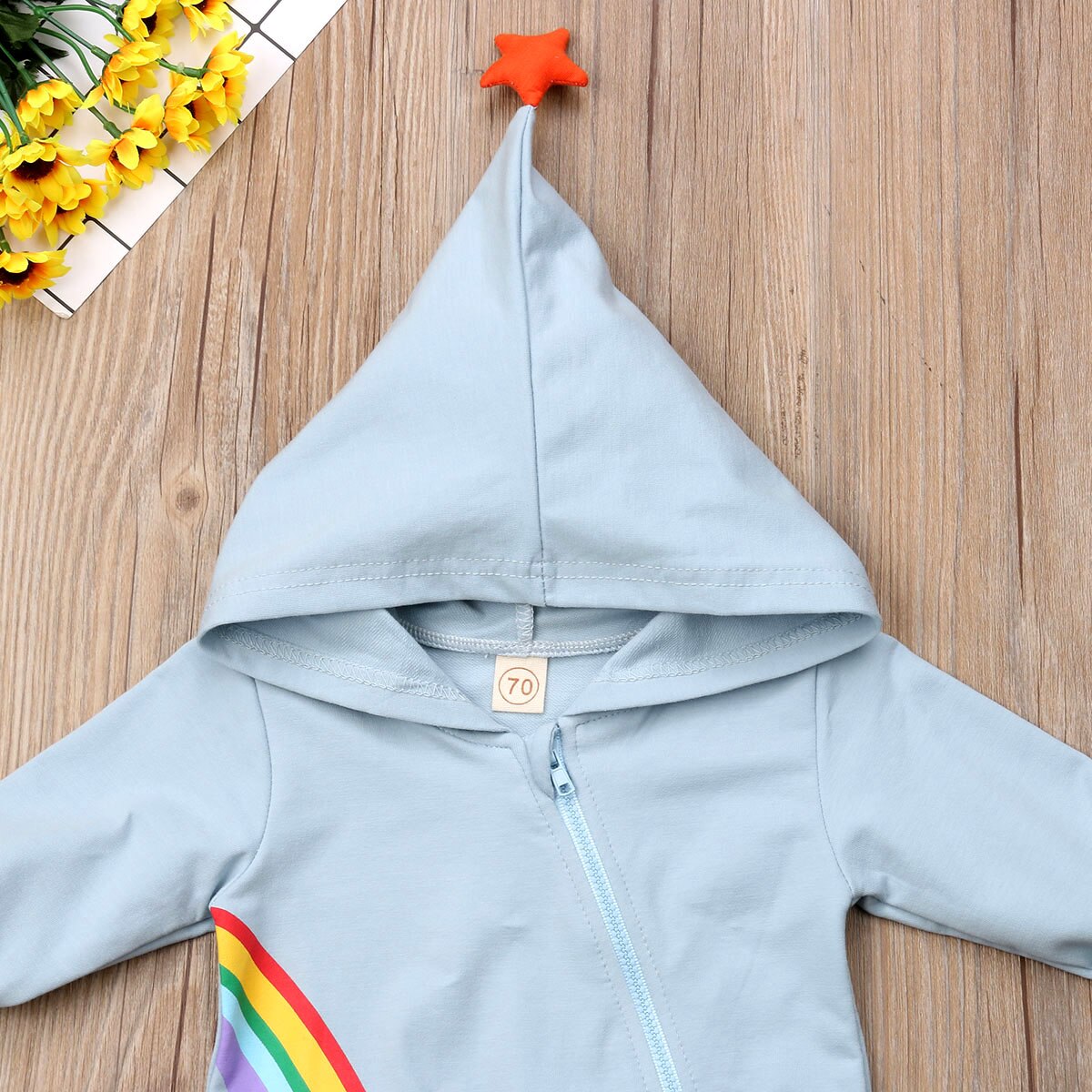 Lindo bebé recién nacido Ropa para bebé (niño o niña) manga larga Arco Iris cremallera estrella con capucha mono mameluco trajes ropa de bebé 0-18M