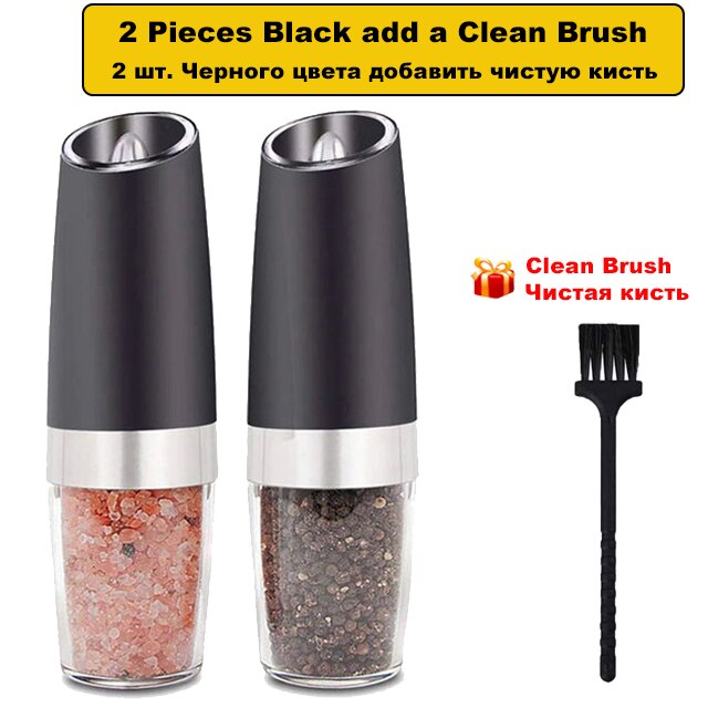 BEEMAN Electric Salt and Pepper Grinder Stainless Steel Automatic Gravity Induction Pepper Mill Kitchen Spice Grinders Tools: 2-Pcs Black