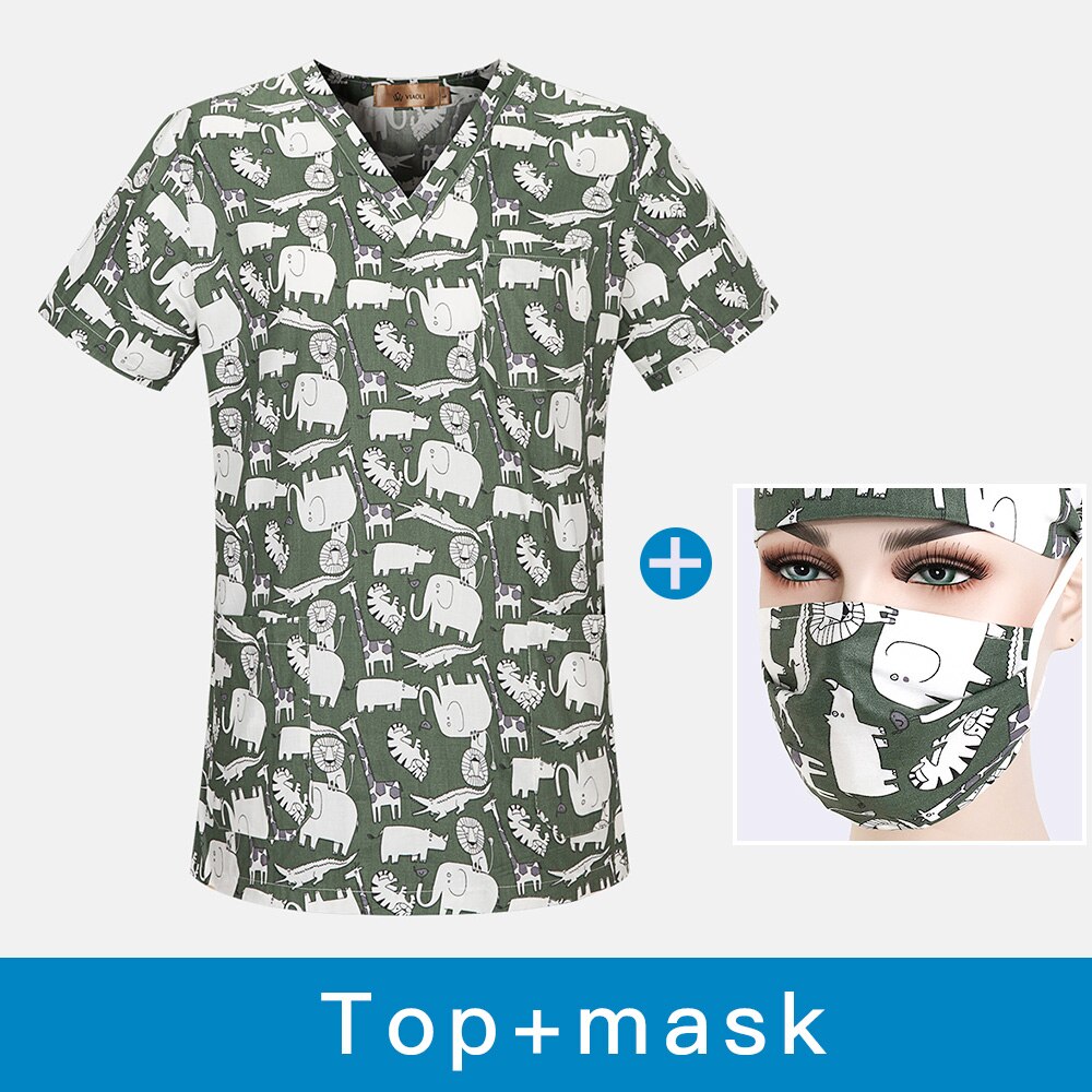 Unisex ren bomuld print komfortabel åndbar spa uniform scrub arbejdstøj top + justerbar tegneserie print scrub cap: Top maske / Xxl
