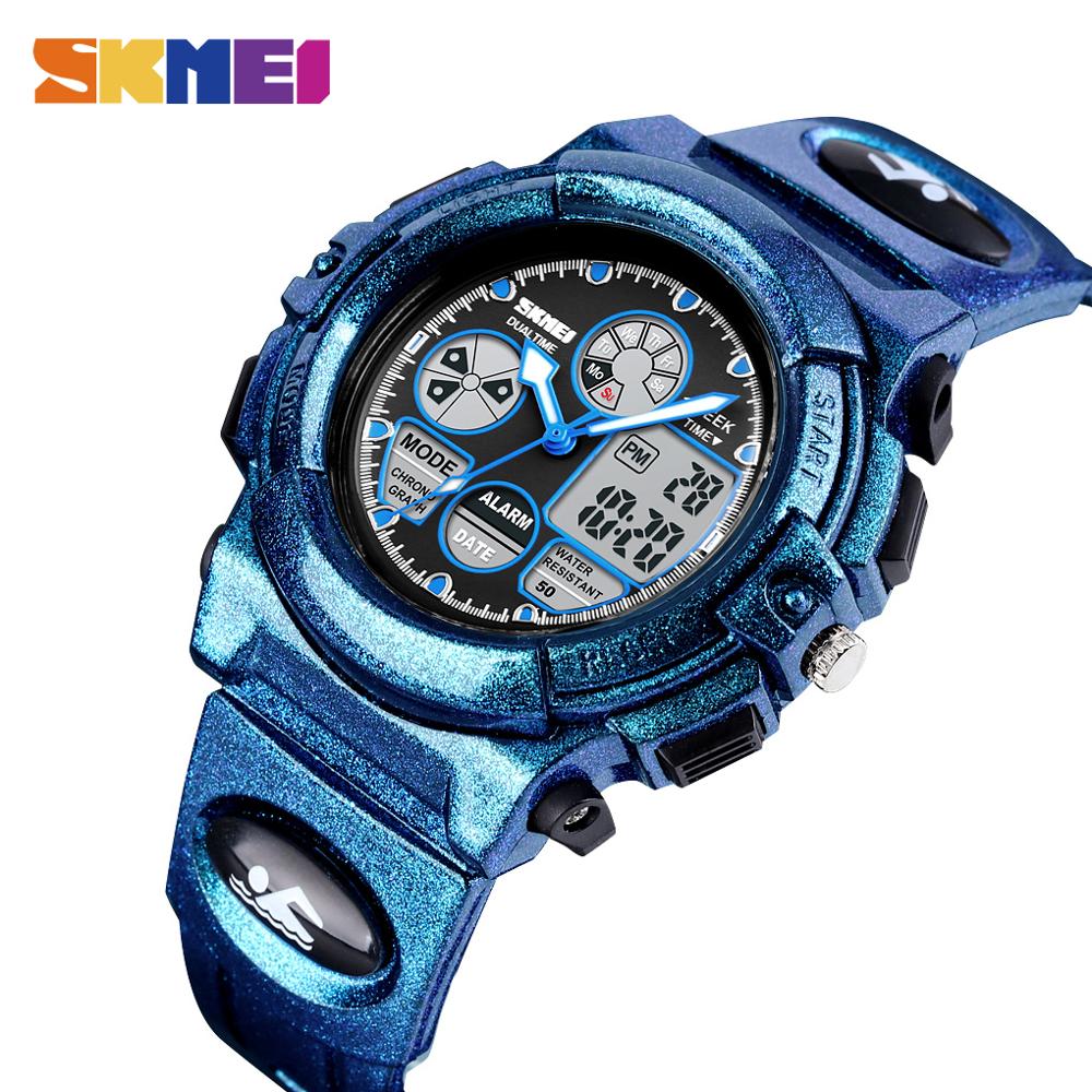 Skmei Dual Display Kinderen Horloge Led Digitale Horloge Pu Sport Shockproof 50M Waterdicht Alarm Sport Jongens Meisjes Kids klokken: Blue Dragon