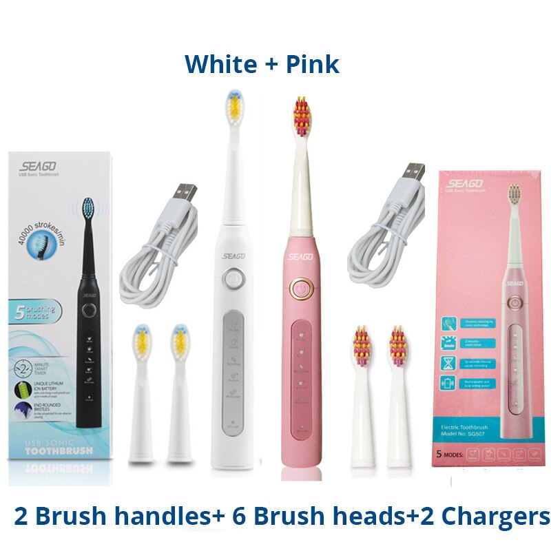 Adulto sônico escova de dentes elétrica seago SG-507 recarregável 5 modos profunda oral limpo macio dupont cerdas cabeças escova: PinkWhite