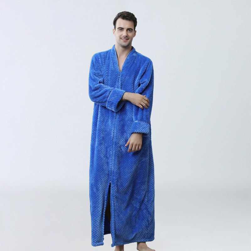 Menn glidelås sovekåpe ren farge dobbel dekk fortykket behagelig varm strikket langermet løs flanell myk pyjamas badekåpe: Blå / M