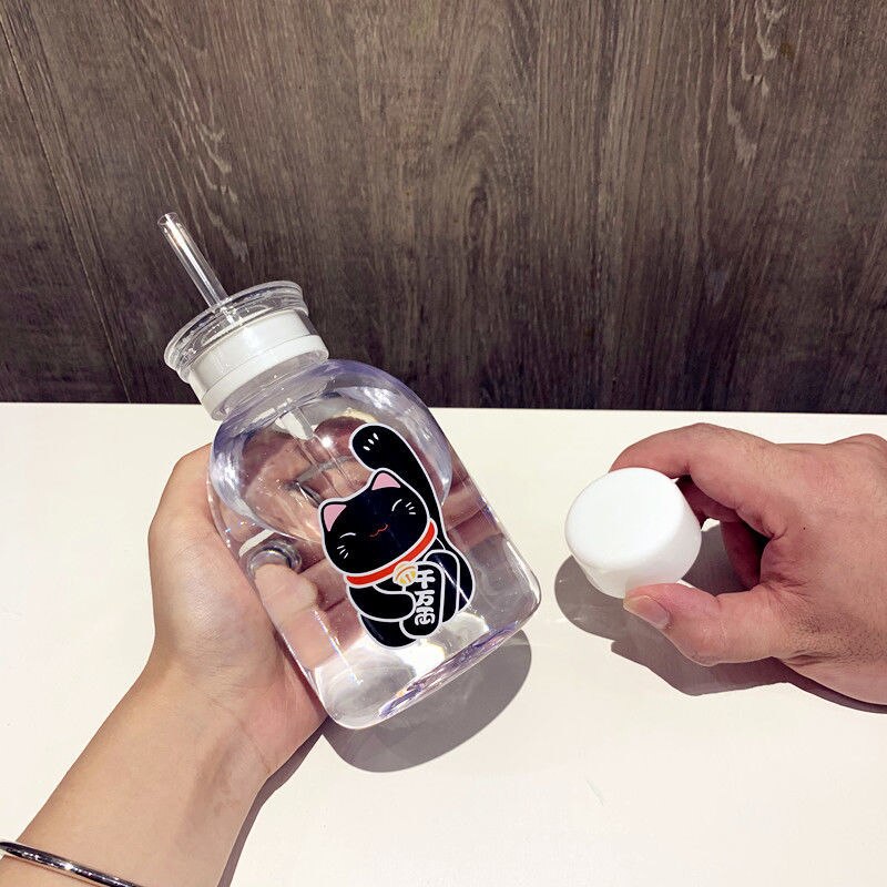 500ml chat chanceux bouteille en plastique sans BPA dessin animé Transparent/givré bouteilles d'eau étanche Drinkware mignon étudiant tasse: 5